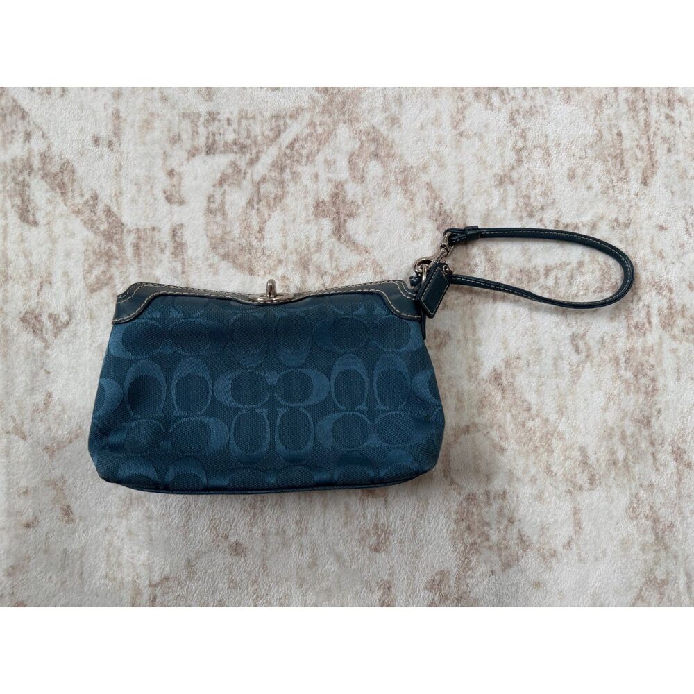Coach Teal Blue Signature Jacquard Turnlock Wristlet Wallet Clutch